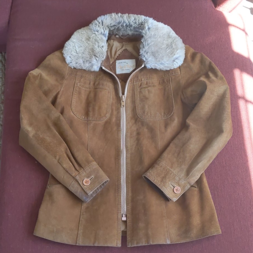 Vintage suede jacket with rabbit fur collar M